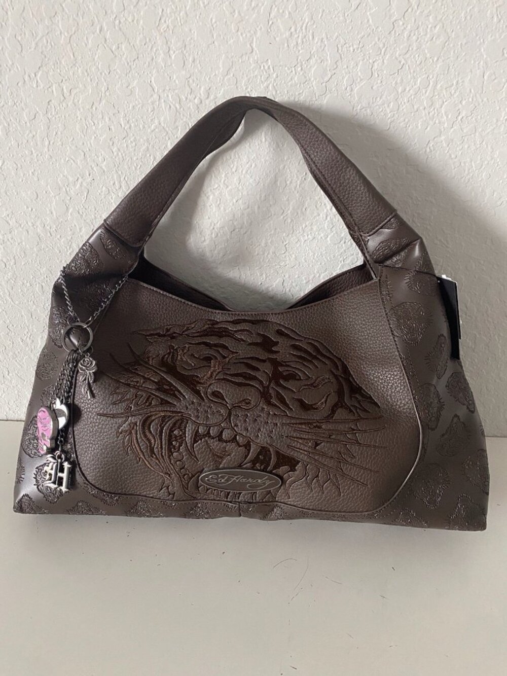 Ed Hardy Large Brown Engraved Embossed Tiger & Logo Hobo Bag Purse VIRAL NEW